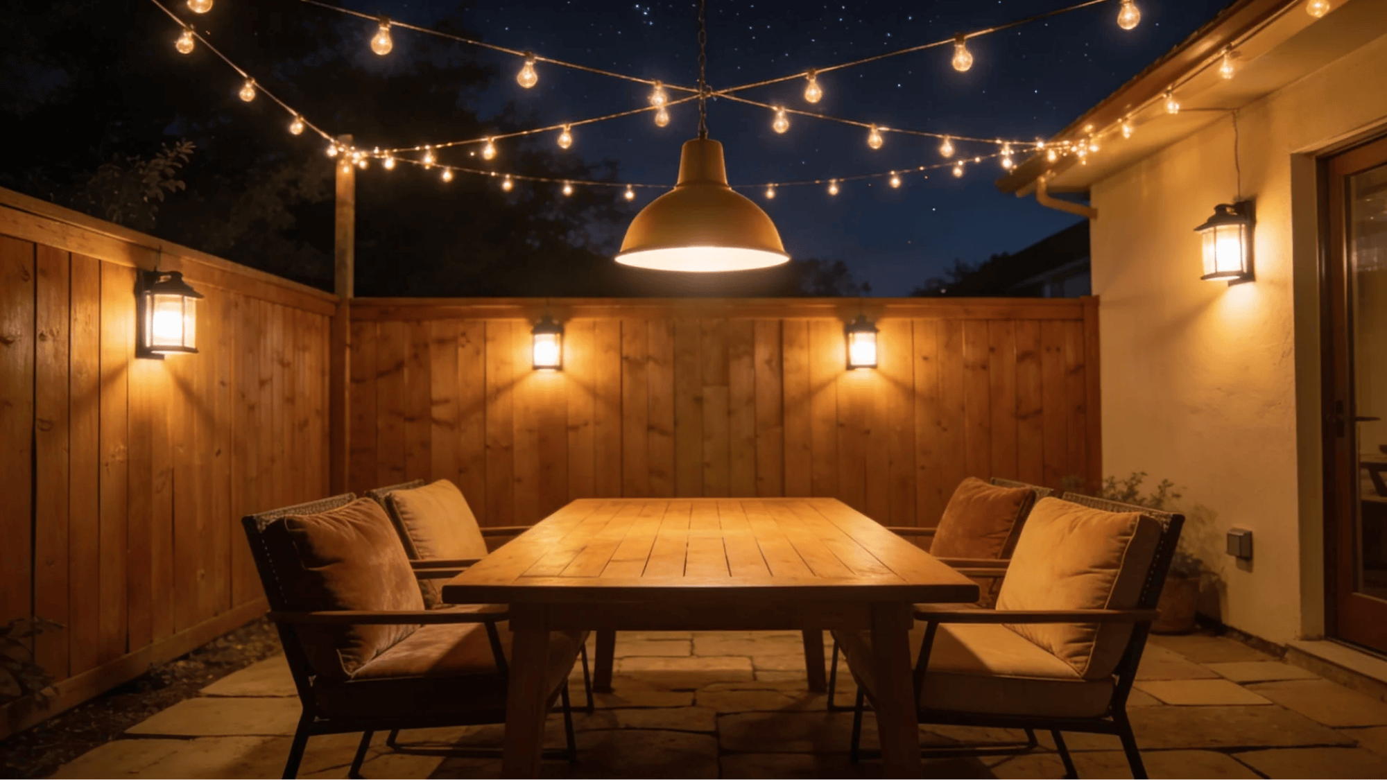 cozy outdoor dining area with wooden table string lights and warm wall lamps at night