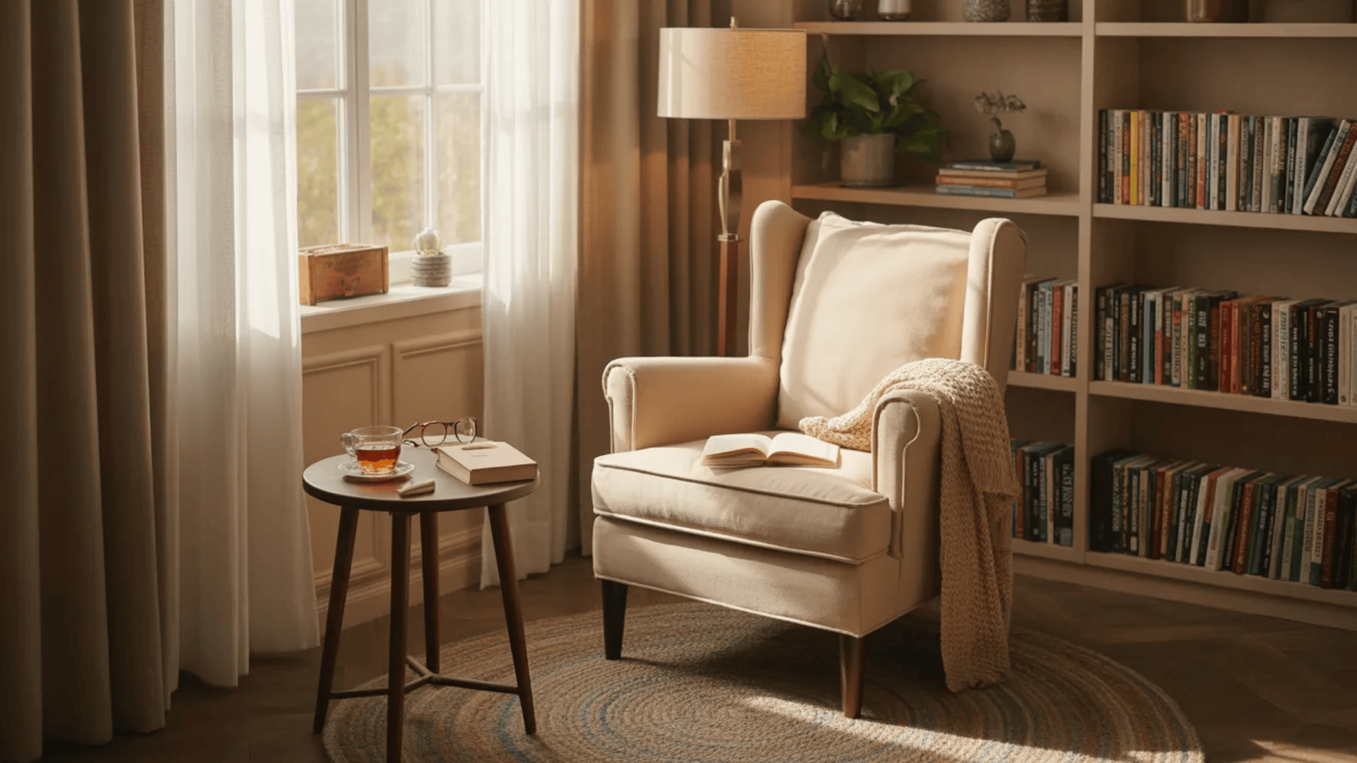 cozy reading corner with armchair small table bookshelves and window light creating relaxing spare bedroom ideas with quiet reading space