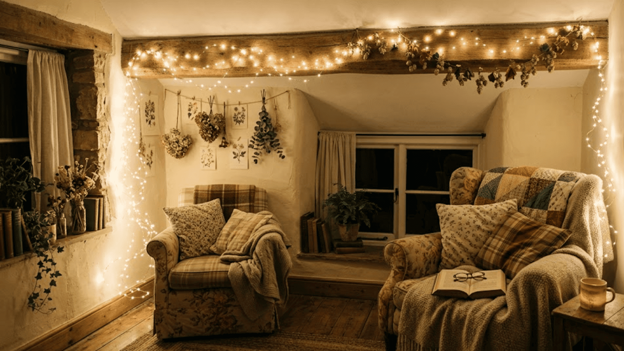 cozy reading nook with armchairs blankets and fairy lights warm rustic evening cottage interior