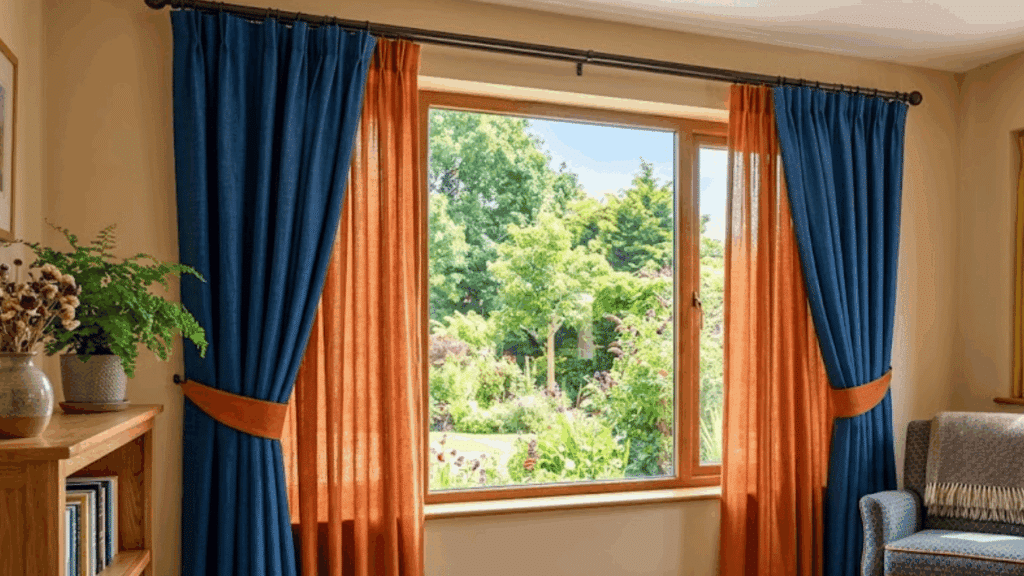 cozy room with blue and orange curtains beside chair facing garden window softly