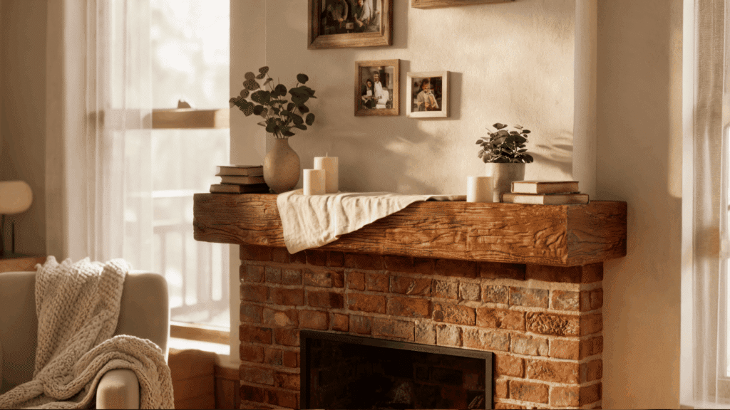 cozy rustic fireplace with wooden mantel family photos soft candlelight and warm natural sunlight
