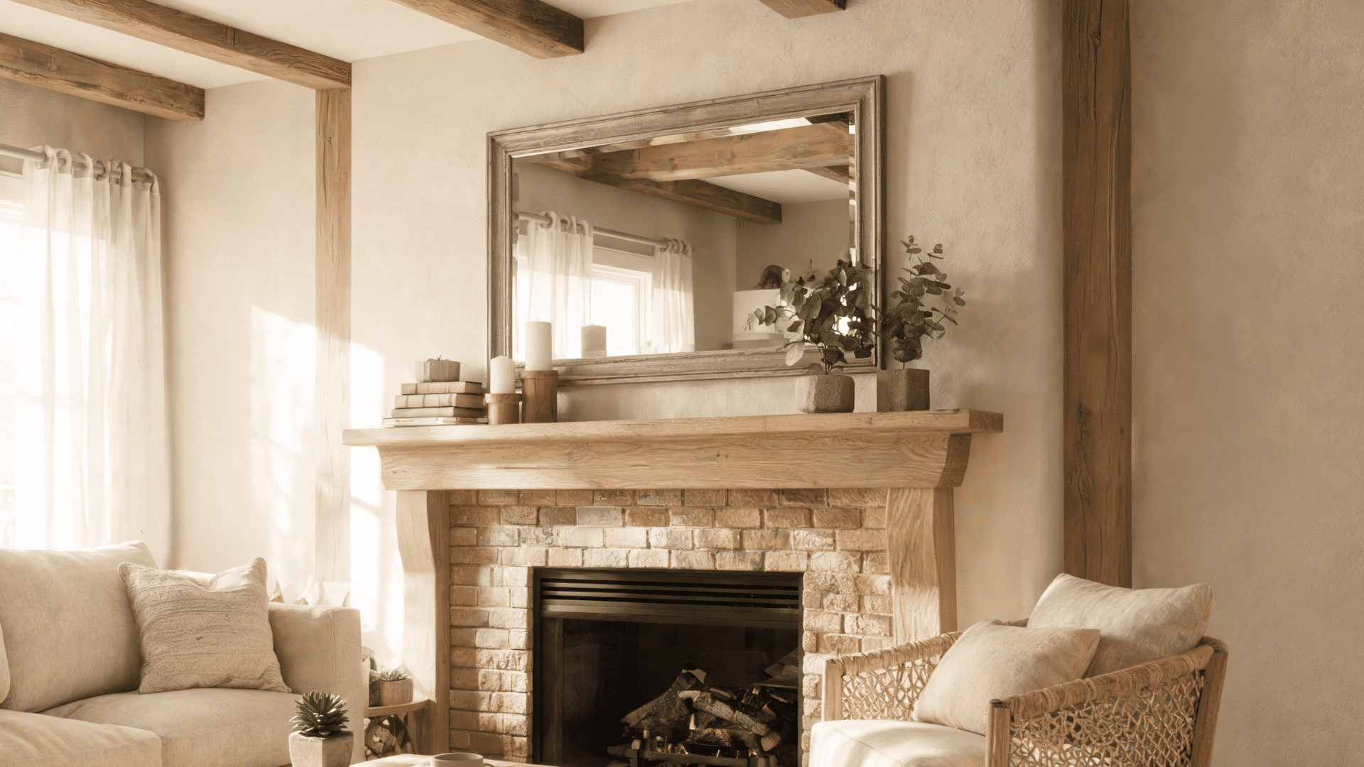 cozy rustic living room with brick fireplace wooden beams cream seating and warm natural sunlight
