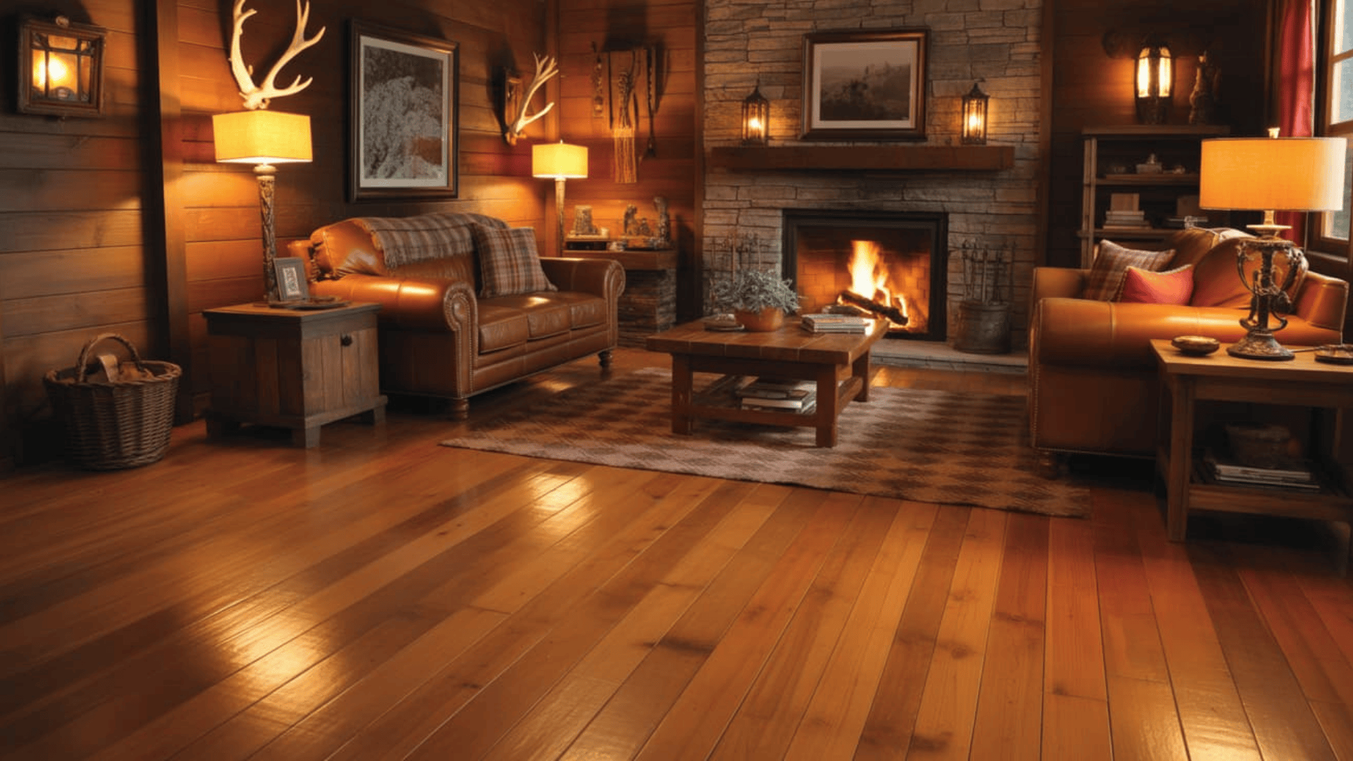 cozy rustic living room with fireplace and warm wood flooring displaying popular hardwood floor stain colors in rich natural tones