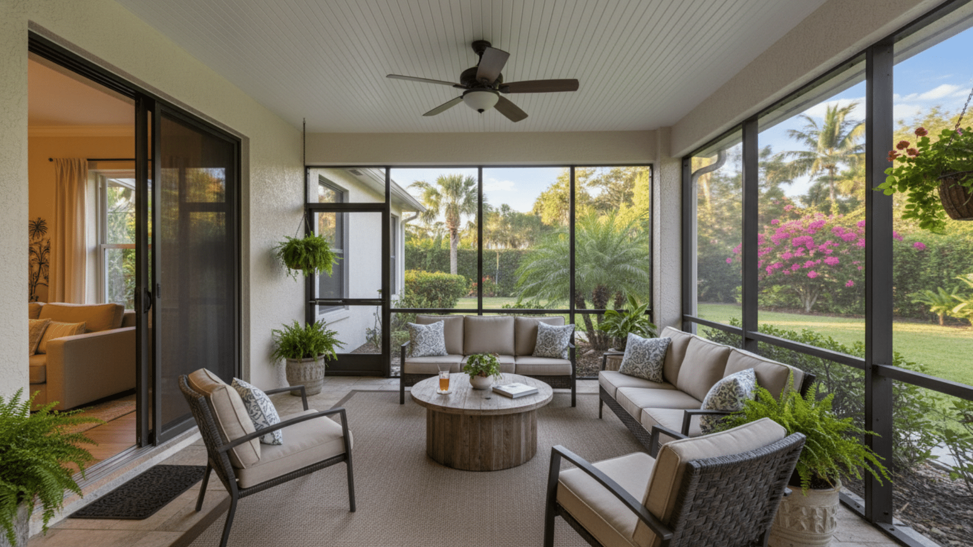 cozy screened patio with sofas and garden view