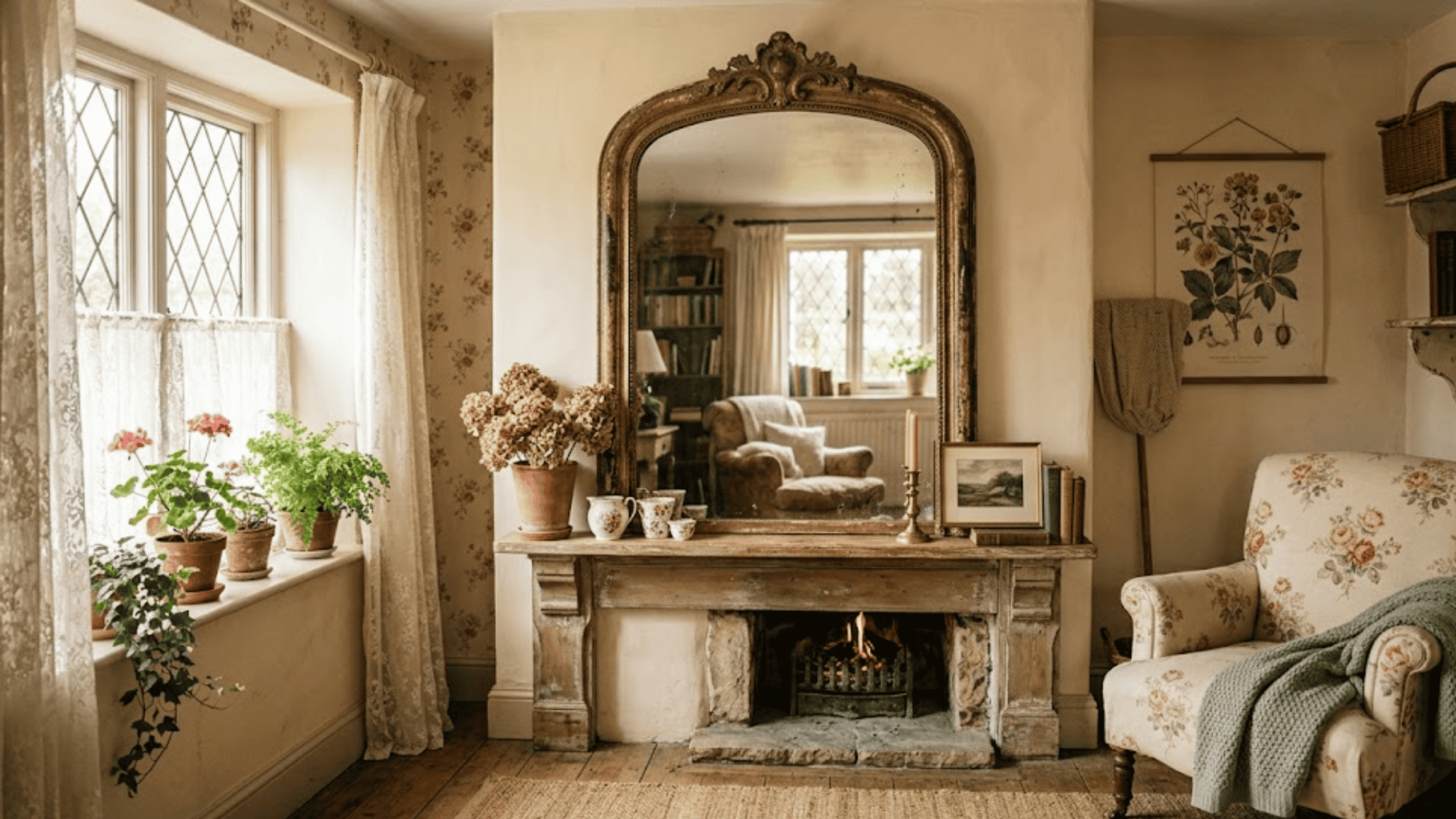 cozy vintage living room with fireplace mirror and floral armchair warm cottage style decor