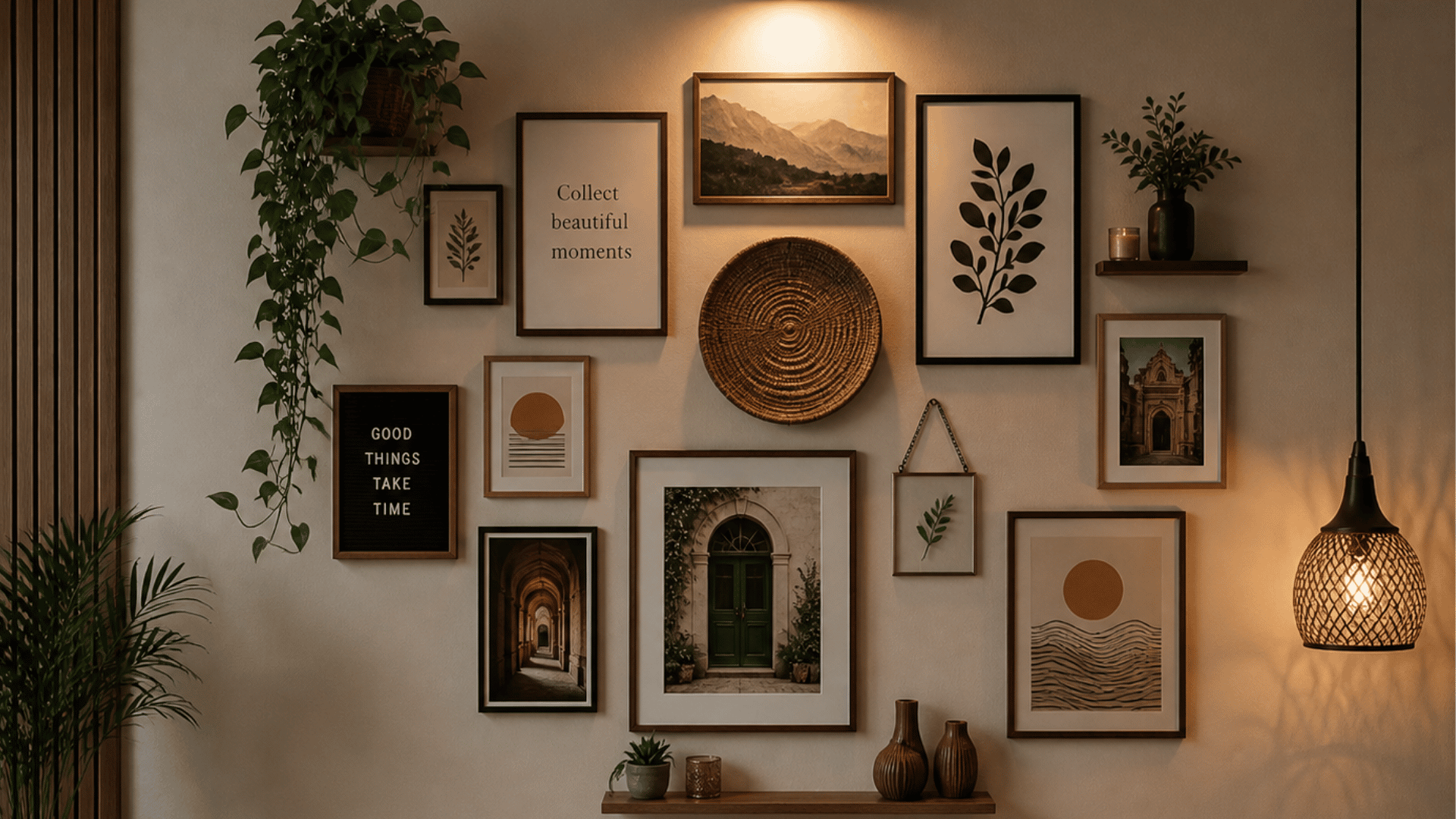 cozy wall gallery with framed art hanging plants soft lighting woven decor and warm natural tones