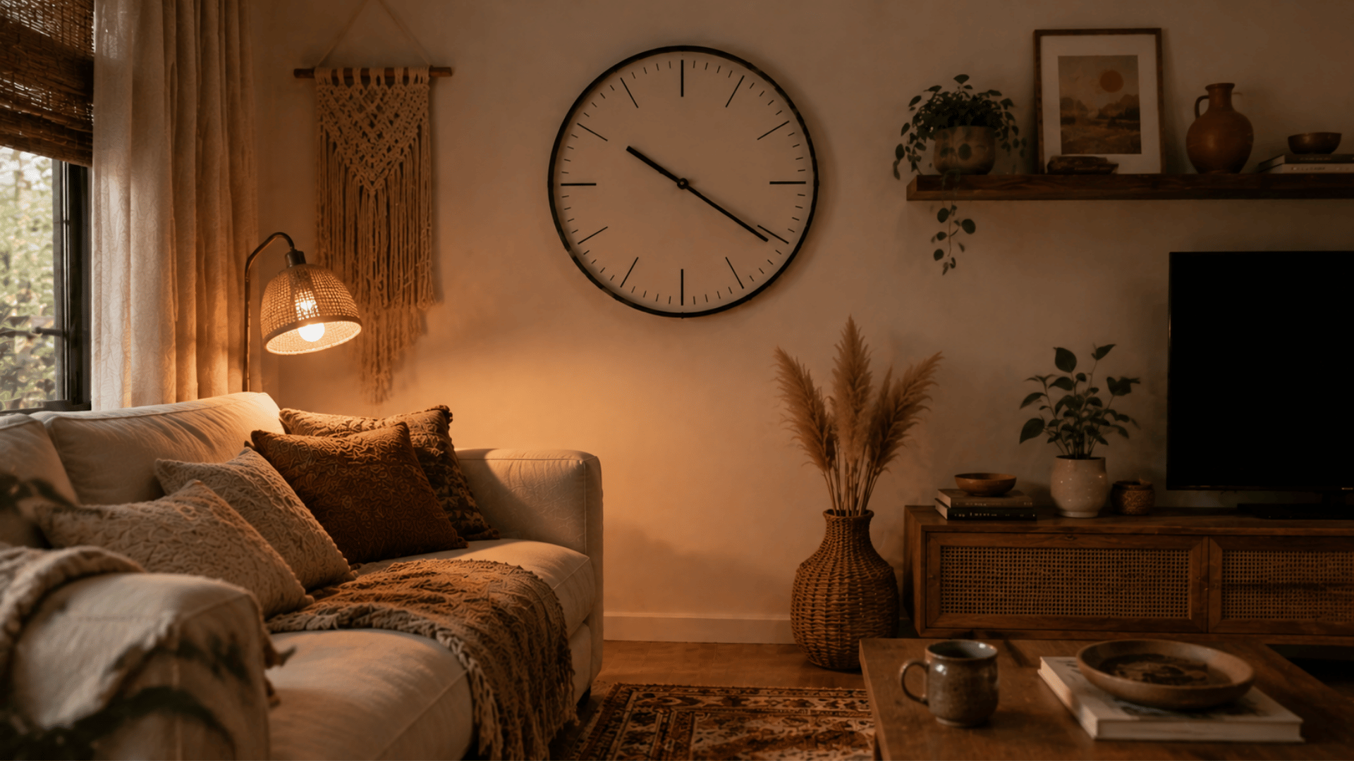 cozy warm toned boho living room with textured sofa patterned pillows woven lamp large wall clock wooden shelves and natural decor