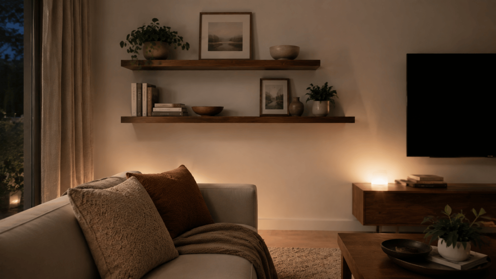 cozy warmly lit living room with beige sofa textured pillows throw blanket wooden floating shelves minimal decor and soft lighting