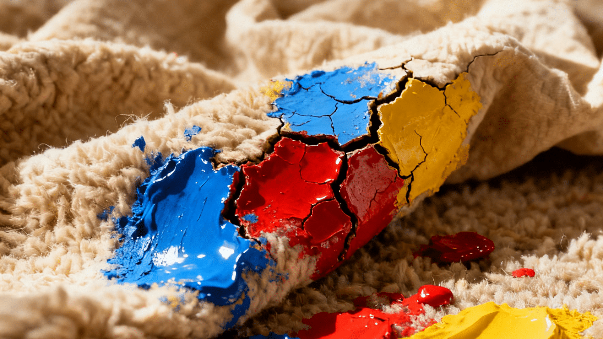cracked red blue and yellow paint smeared across a soft beige blanket on a sunlit carpet floor
