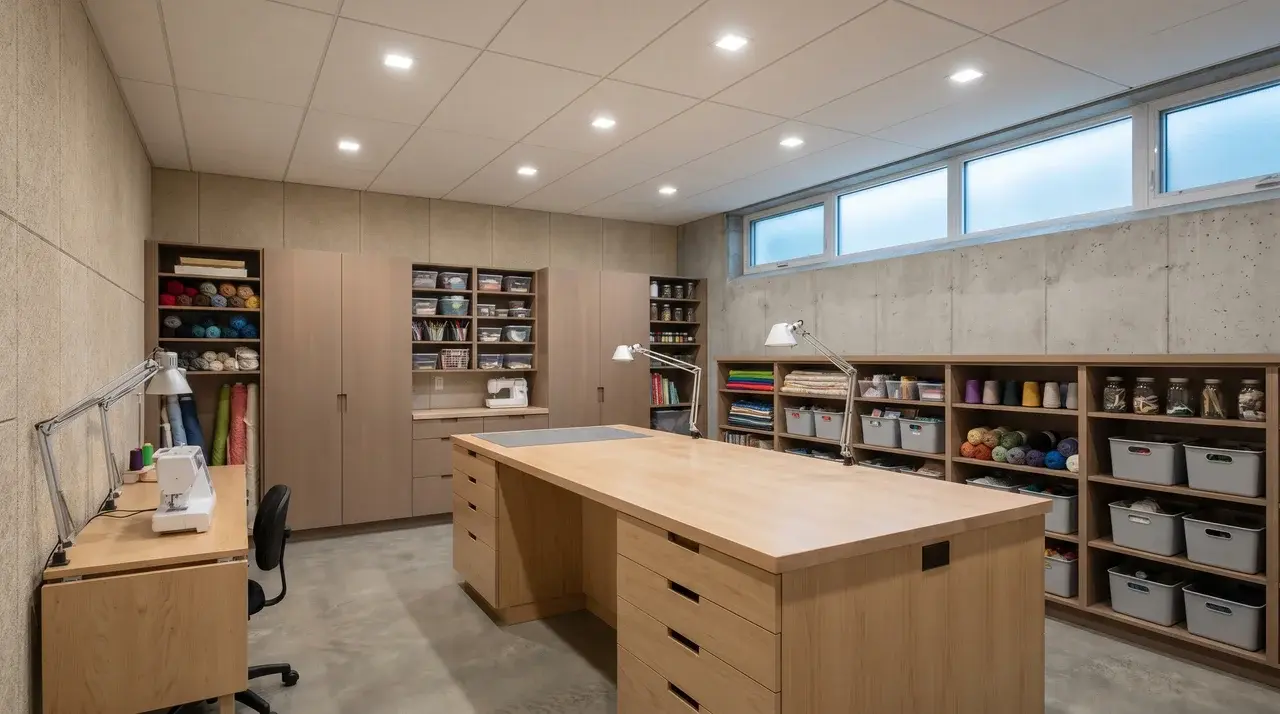 Basement craft room with shelving and elevated windows