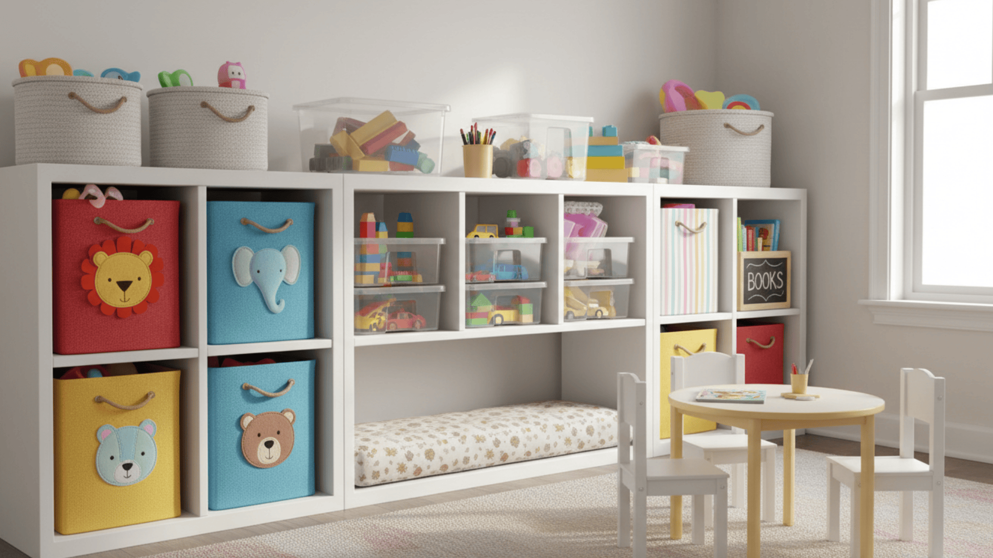 cube storage units with colorful bins for kids toys books and supplies in neat playroom setup