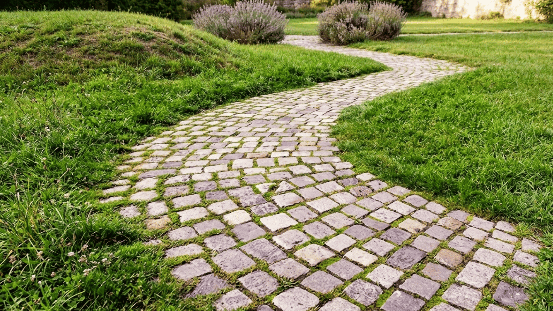 curved stone garden pathway running through green grass in a peaceful landscaped outdoor garden