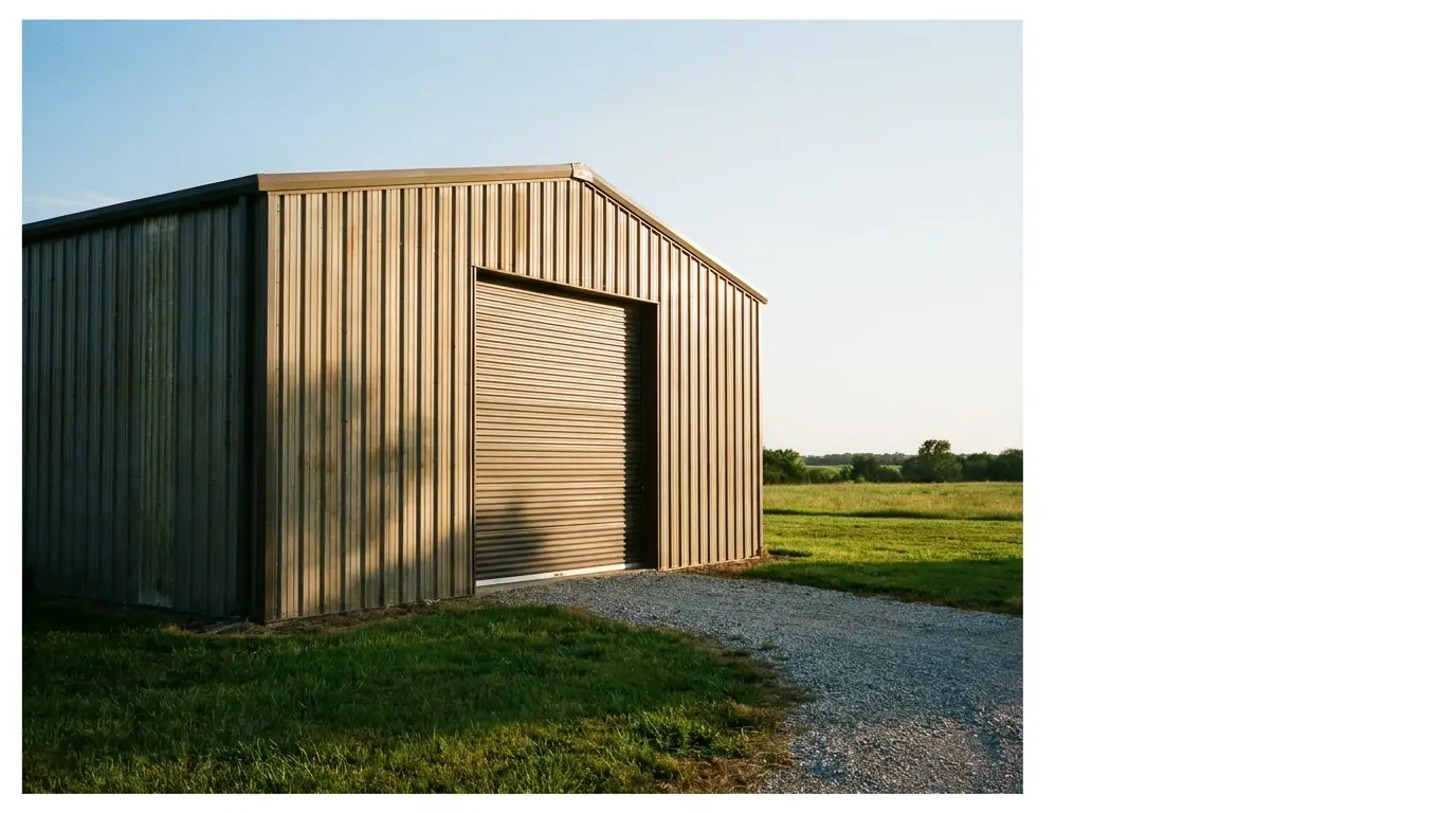 Metal storage building with a large garage door on a grassy field in sunlight