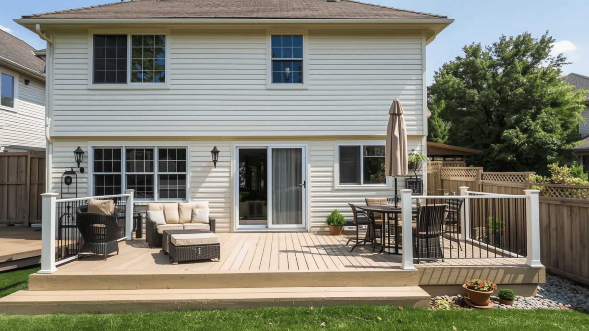 deck color ideas beige deck with chairs and table on sunny patio overlooking open green landscape