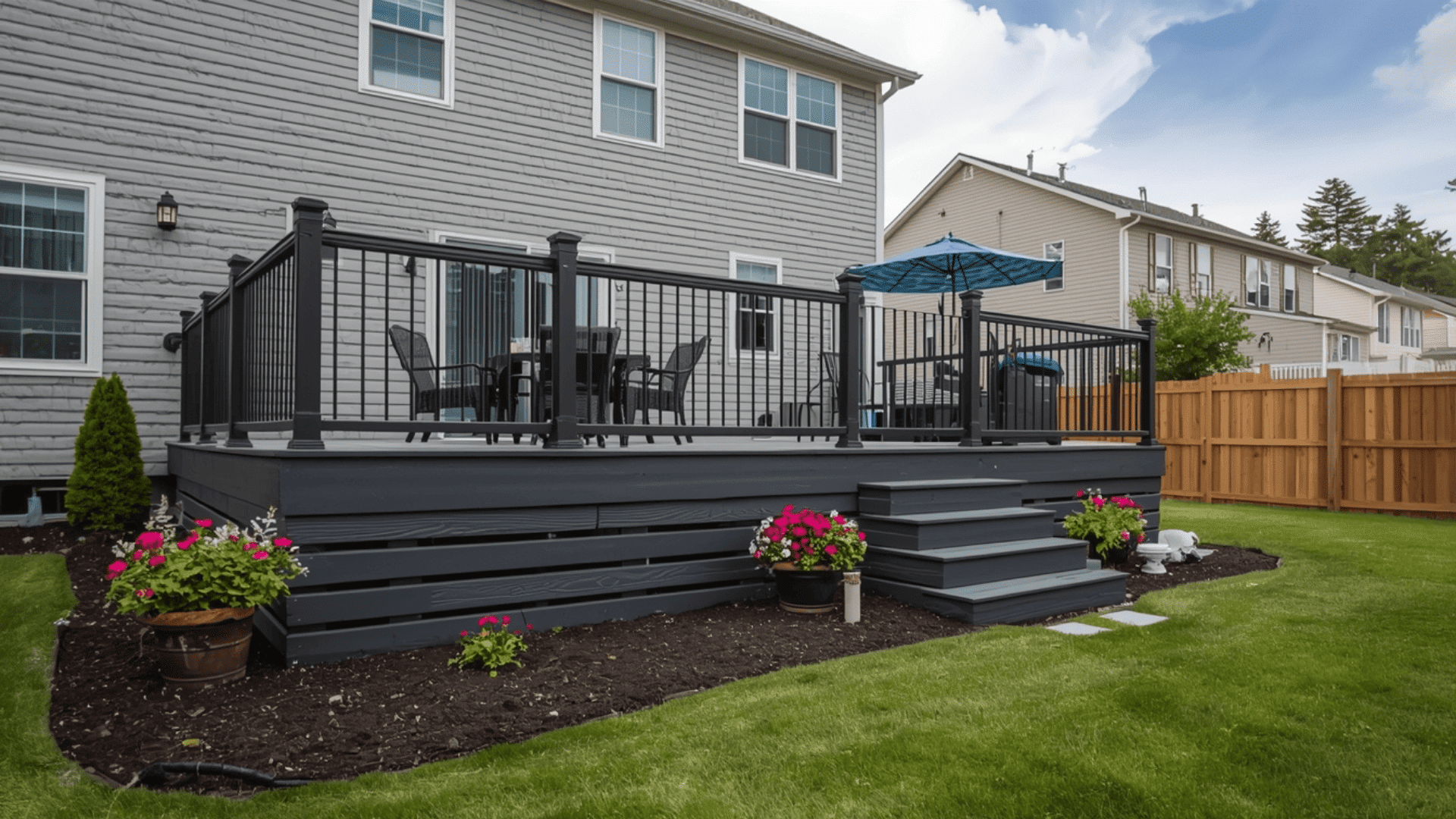 deck color ideas dark gray deck with black railing outdoor seating and backyard garden view