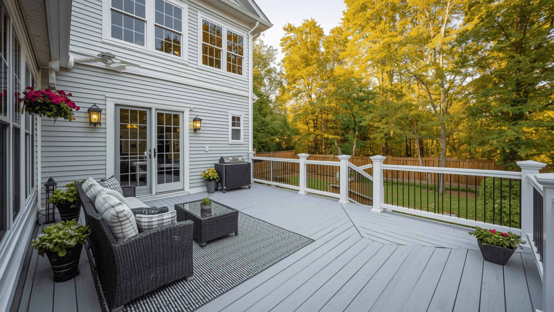 deck color ideas gray deck with outdoor seating and railing overlooking backyard trees