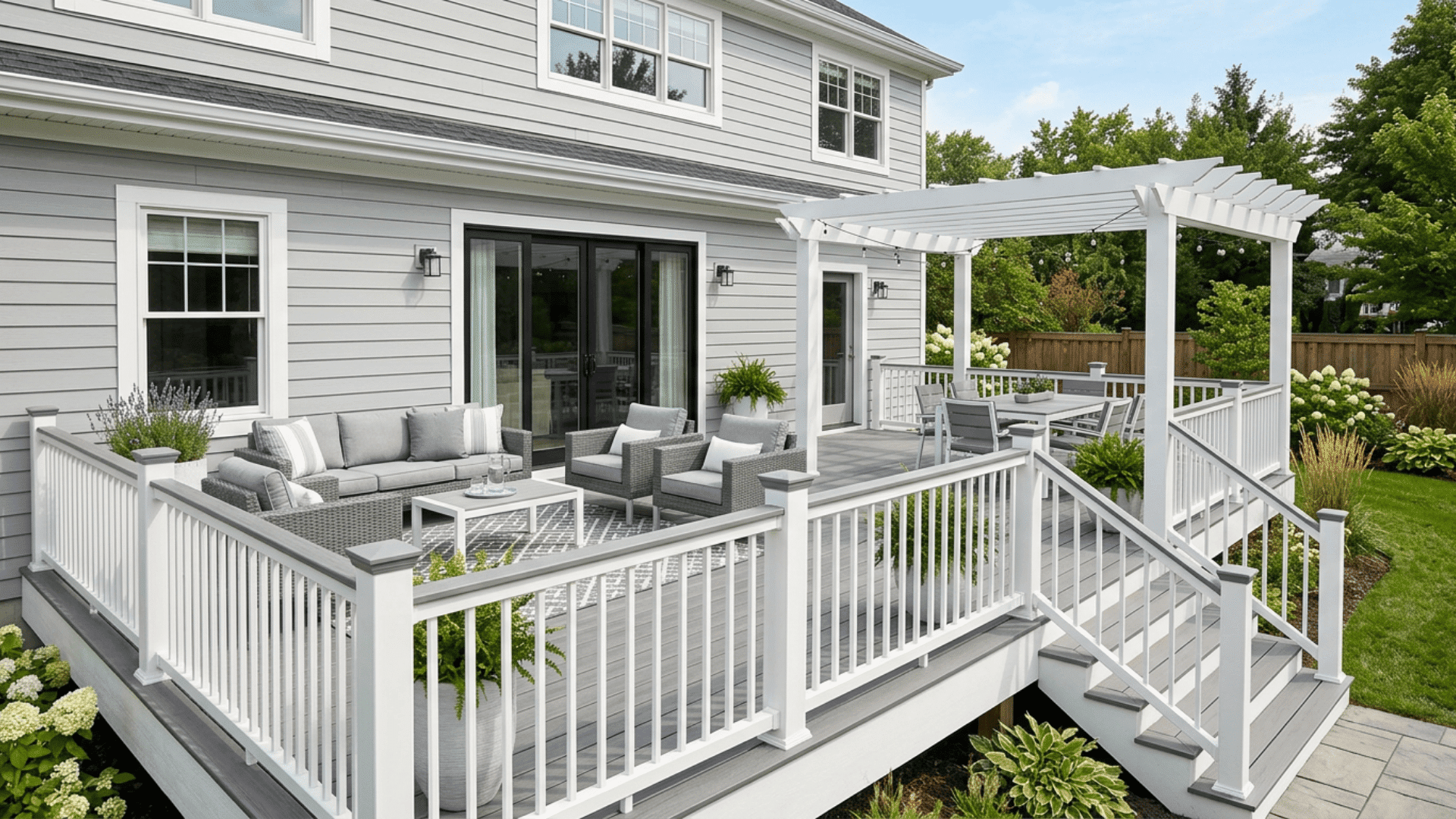 deck color ideas light gray deck with white railing pergola seating area and landscaped backyard patio