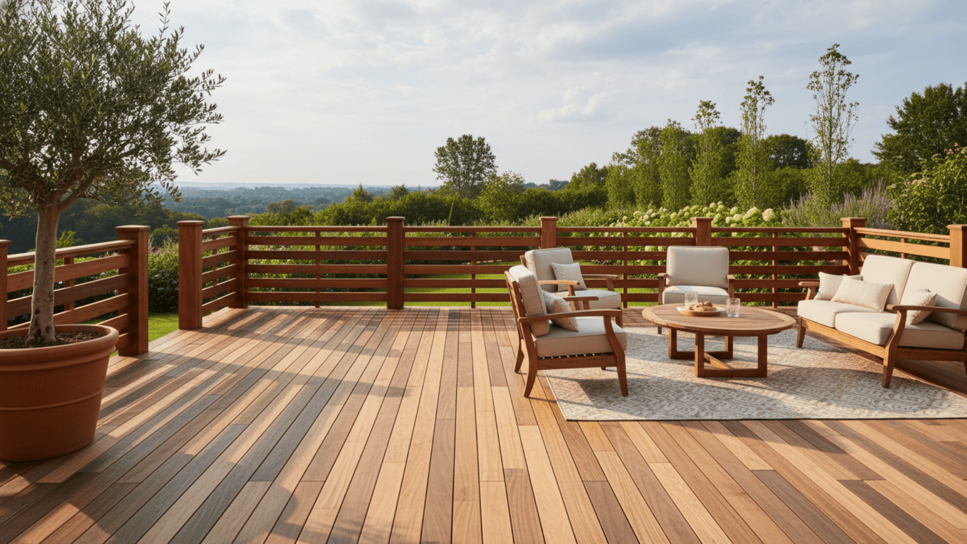 deck color ideas light natural wood deck with outdoor seating area and scenic landscape view beyond railing