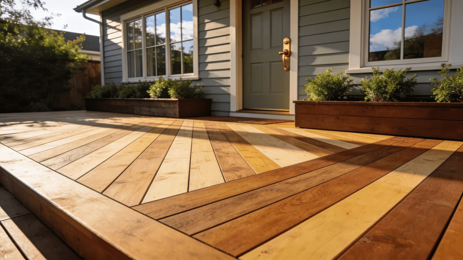 deck color ideas mixed wood tone deck with diagonal pattern near house entrance and planter boxes