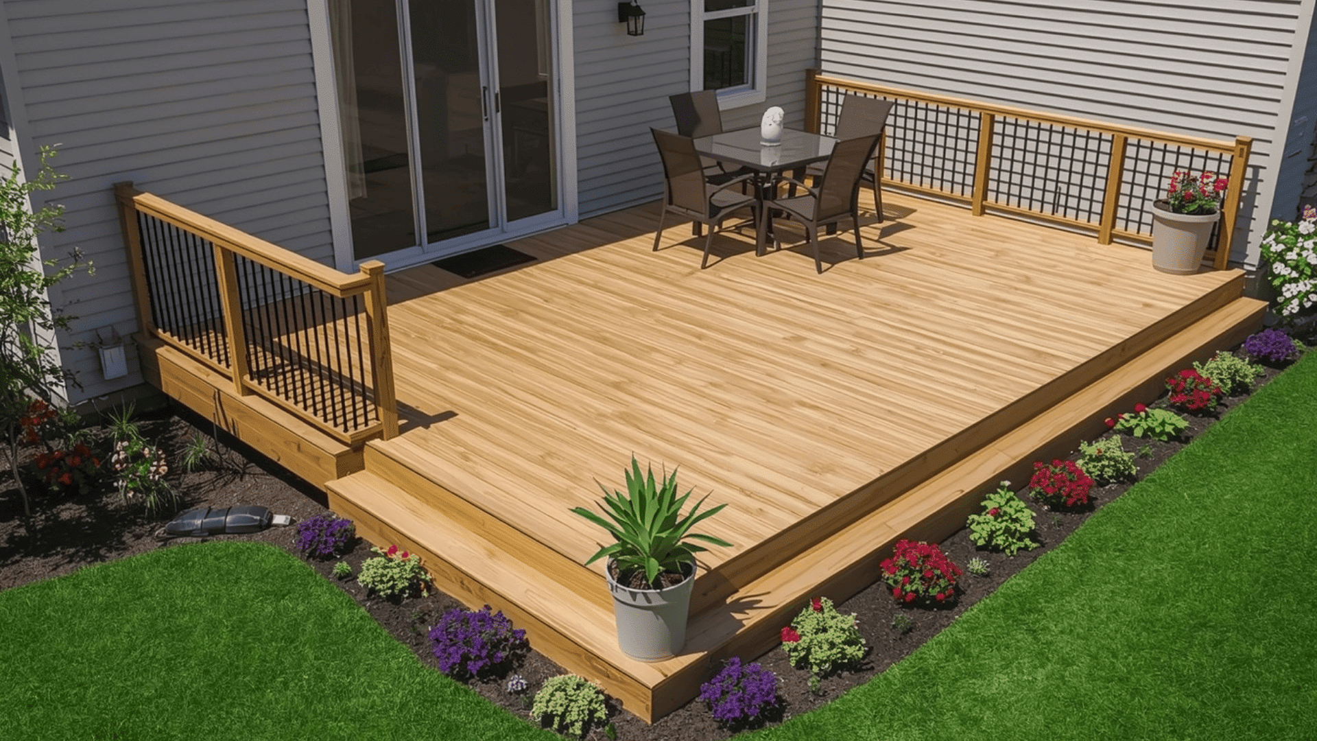 deck color ideas natural wood deck with dining table railing and flowers around backyard patio