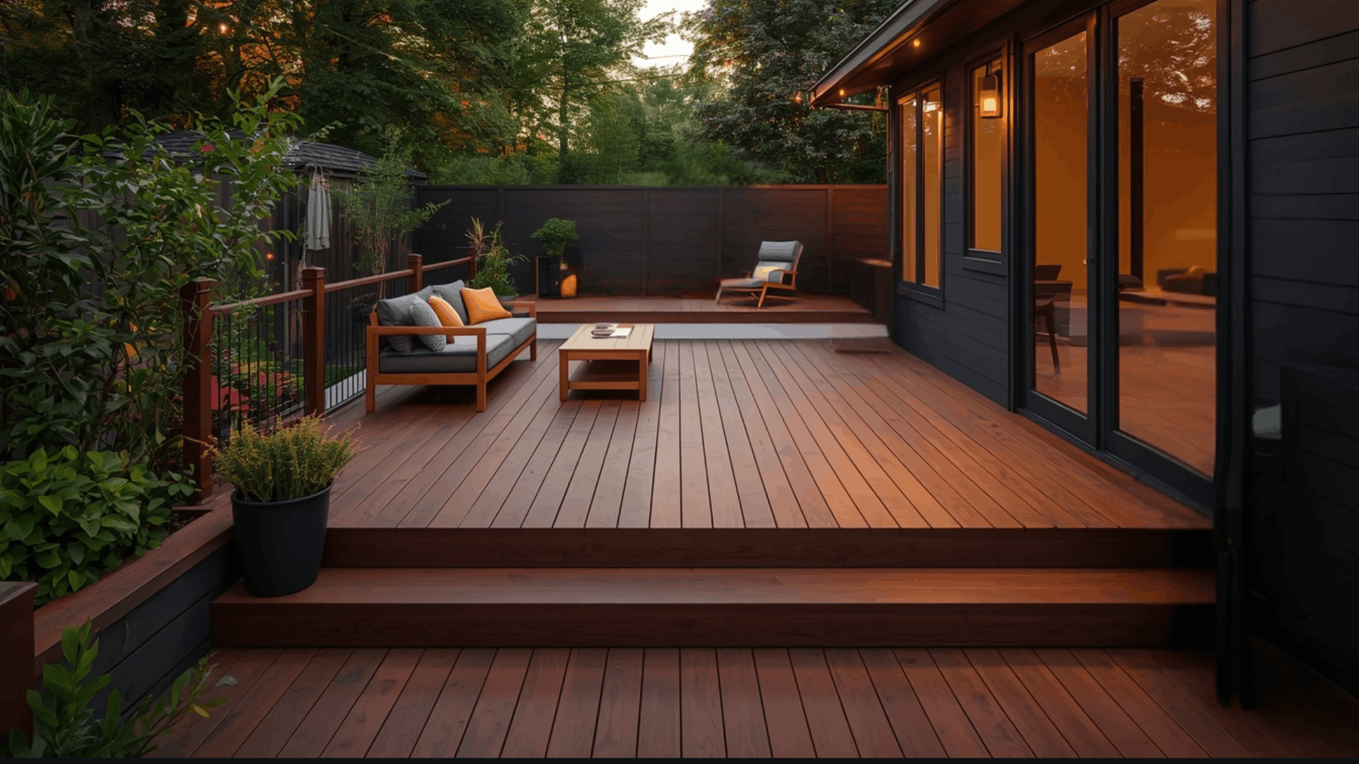 deck color ideas rich brown deck with black railing outdoor dining set and backyard lawn view (1)