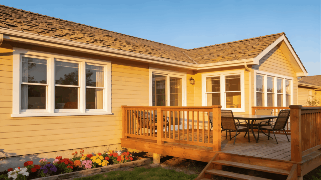 13 Deck Color Ideas that Look Clean and Modern deck color ideas warm golden wood deck with railing outdoor dining set and colorful flowers by house exterior