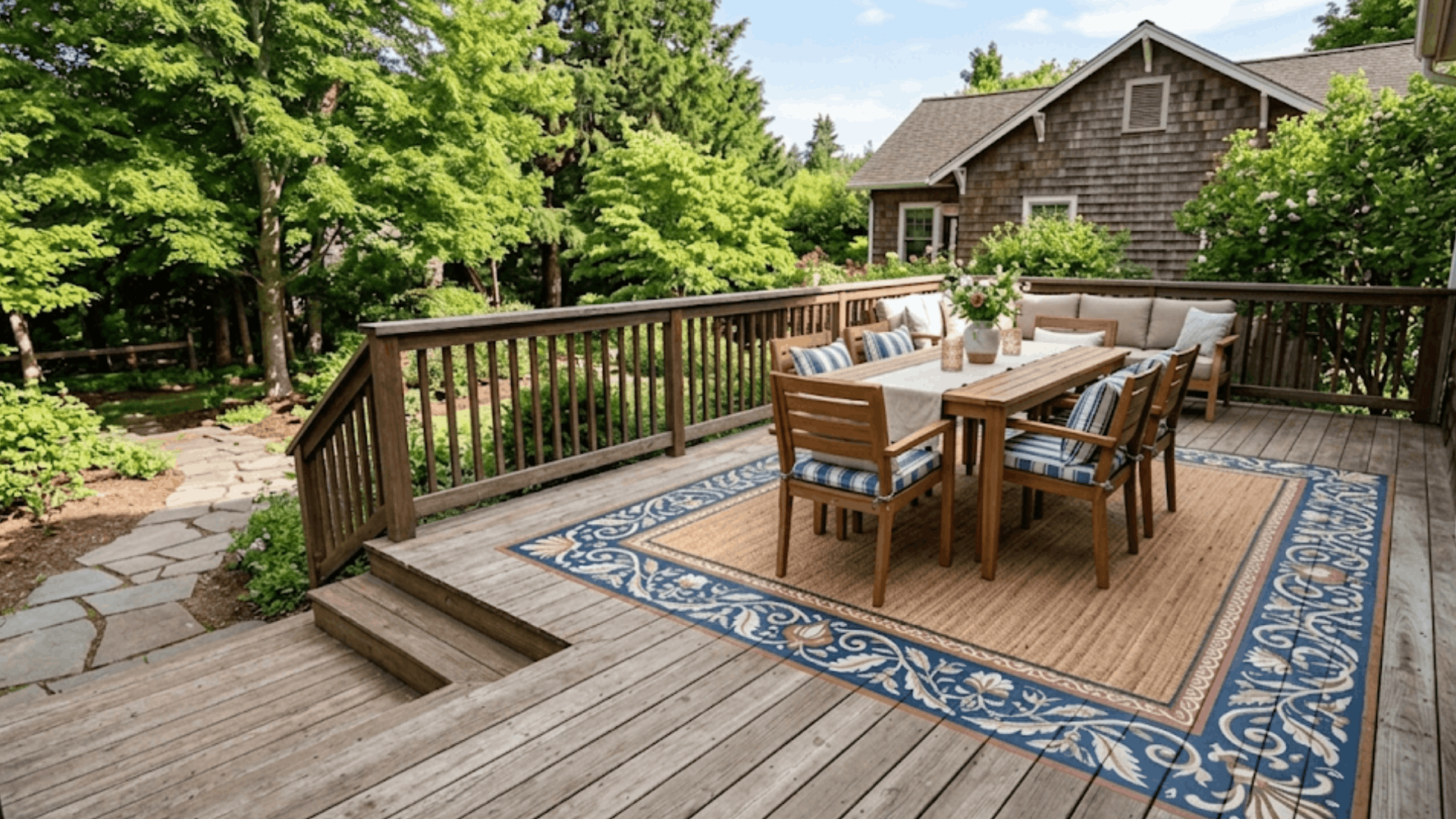 deck color ideas weathered wood deck with outdoor dining set garden plants and cozy backyard seating area (1) (1)