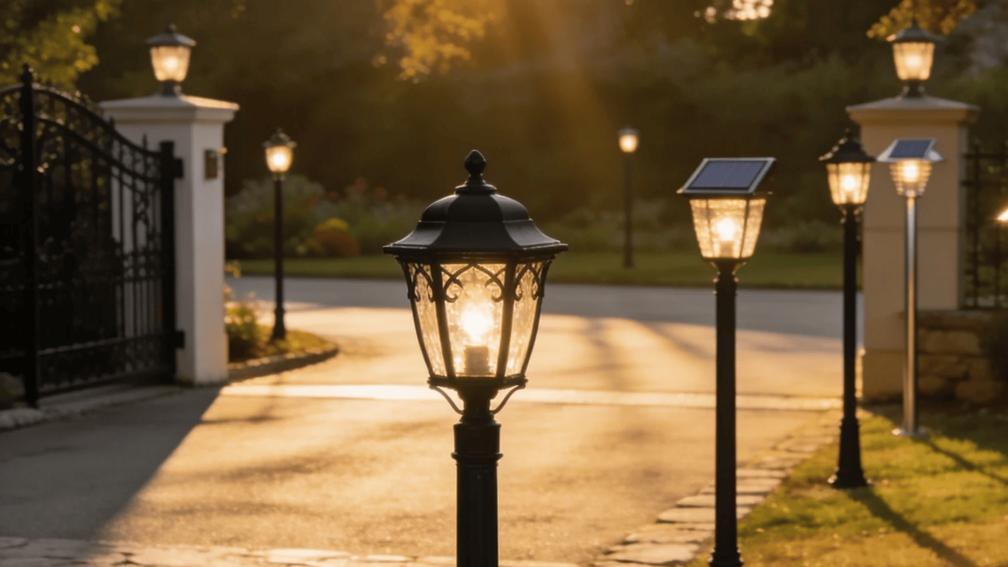 decorative outdoor lantern lights lining driveway near gate in warm evening sunlight