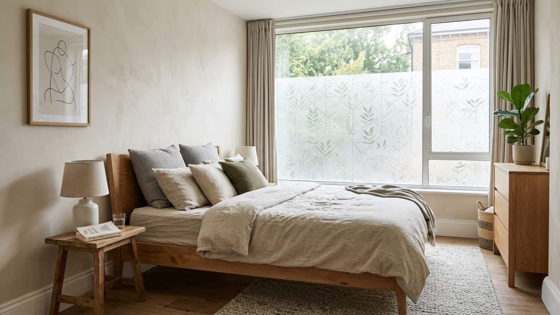 decorative window film on bedroom window with soft light privacy and modern bed setup calm interior design