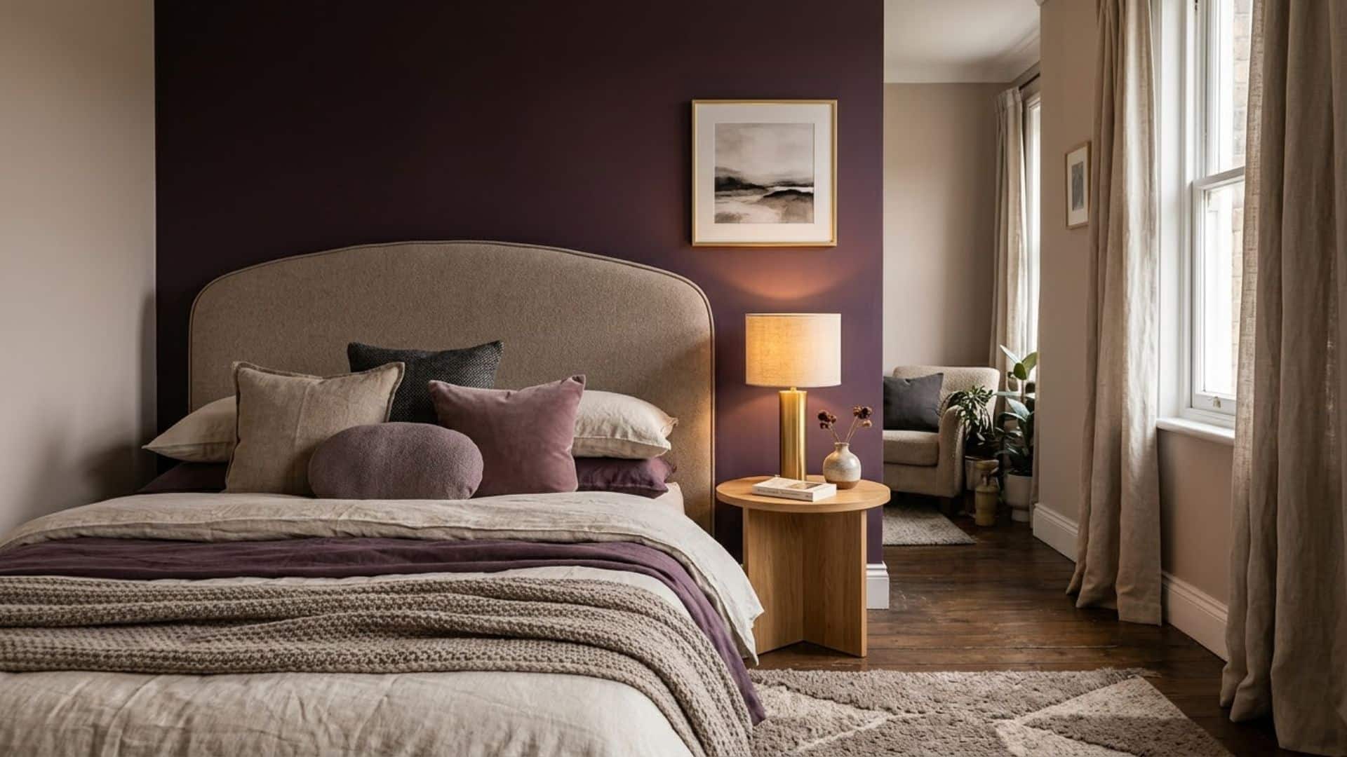 deep plum accent wall bedroom with taupe walls upholstered headboard cozy elegant bedroom interior