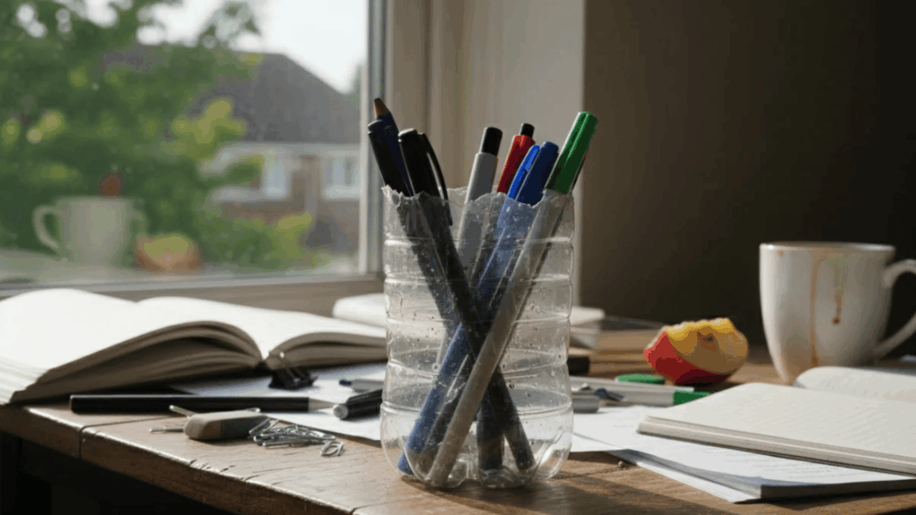 desk by window with pens in plastic bottle open book coffee mug apple slice