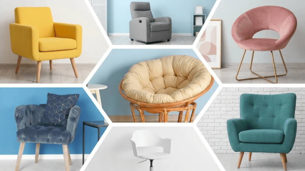 different types of chairs displayed together including armchair recliner papasan accent and modern upholstered seating styles