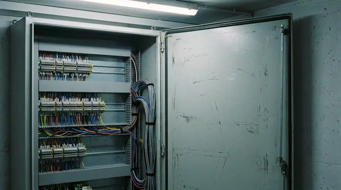 Electrical panel with colorful wires in an open metal cabinet under fluorescent lighting