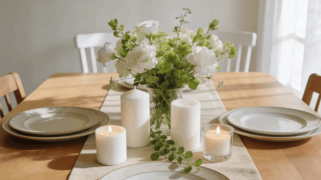 dining table centerpiece ideas to try with white flowers and candles arranged on table in bright natural light