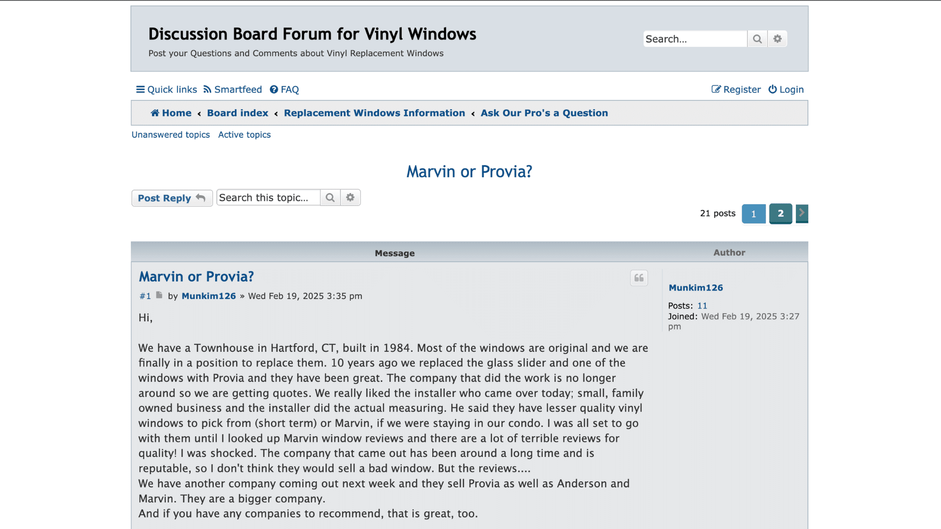 discussion board post comparing marvin and provia windows reviews with homeowner asking about quality and options