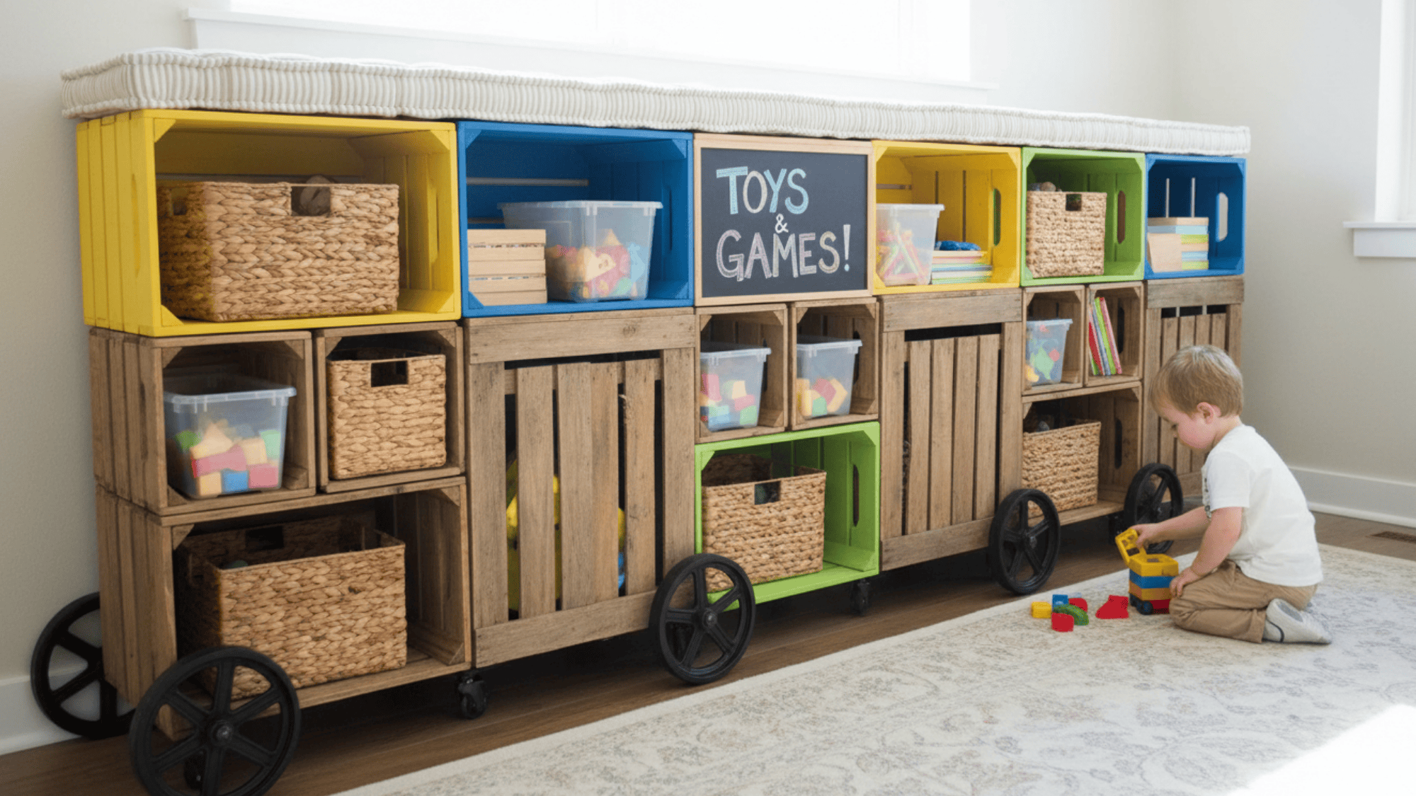 diy crate storage with wooden boxes and bins for kids toys in neat and organized playroom setup