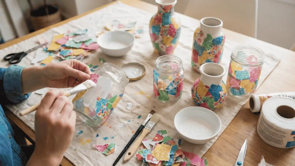 Glass jars and vases being covered with torn paper pieces using glue on a craft table.