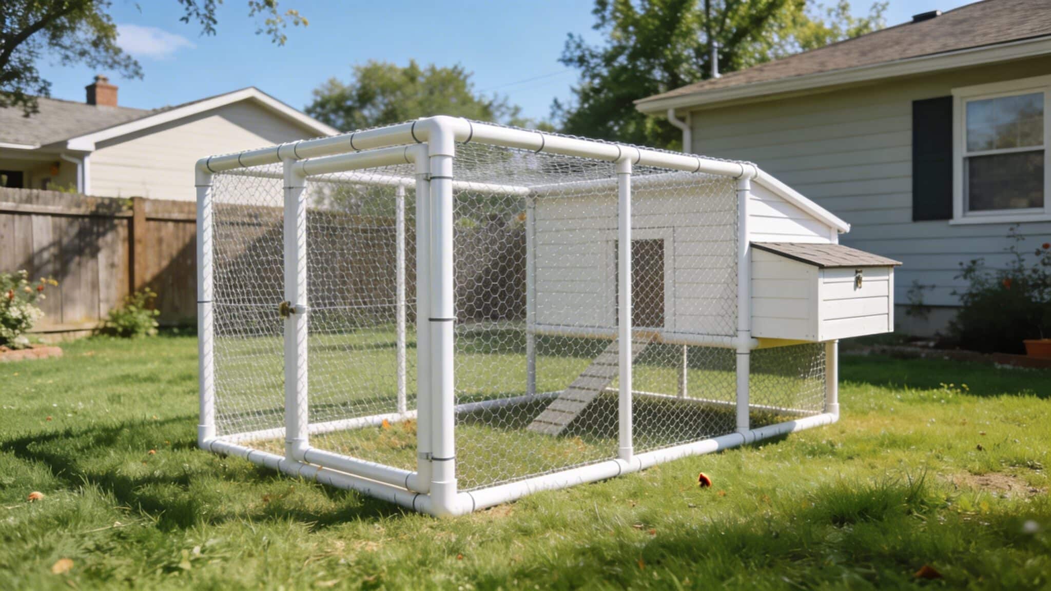 diy pvc pipe chicken run with white frame wire mesh enclosure small coop and simple setup on grass in a sunny backyard