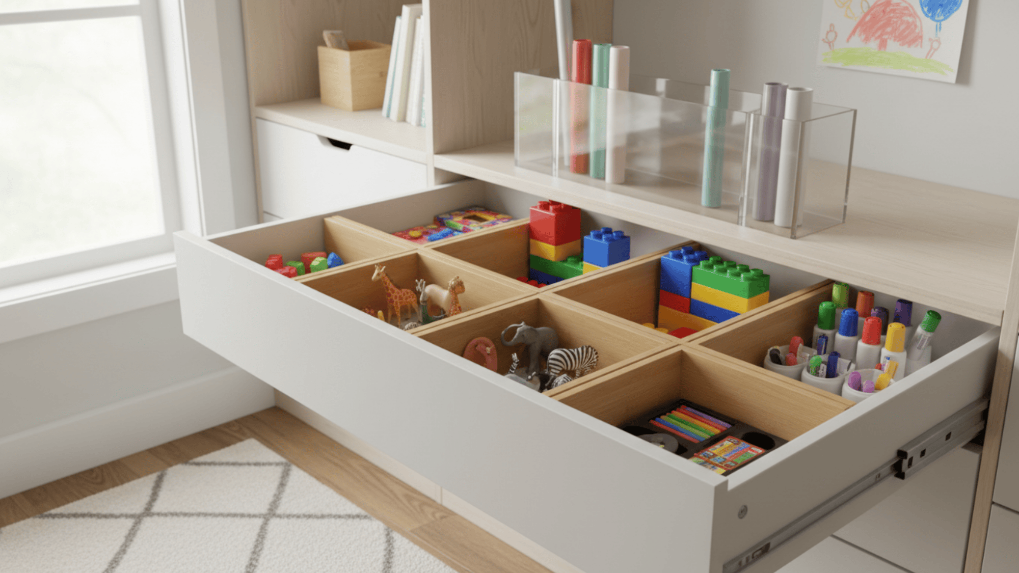 drawer dividers for kids toys blocks and art supplies in neat and organized playroom storage setup