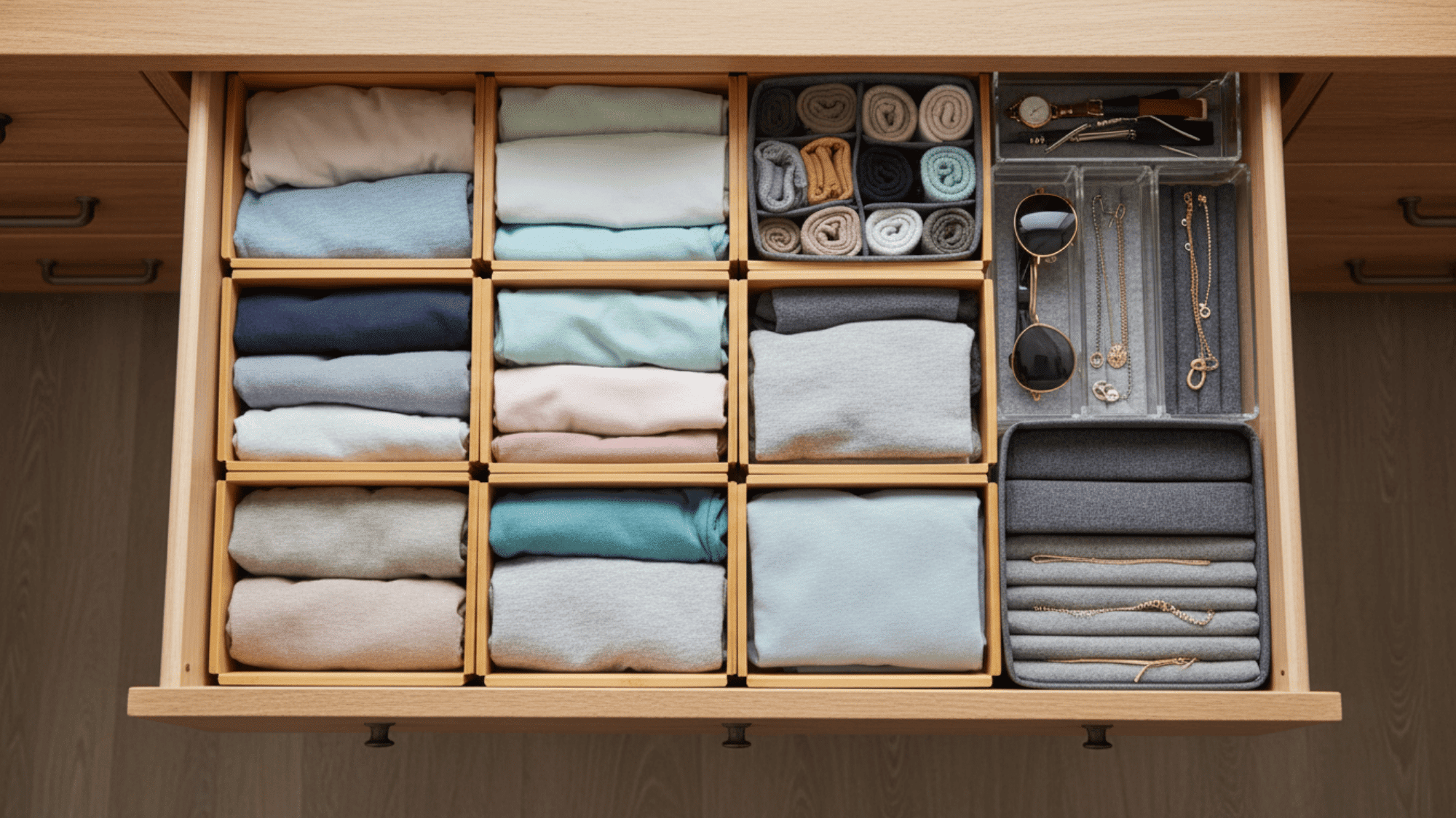 drawer dividers with folded clothes and accessories for simple bedroom organization ideas