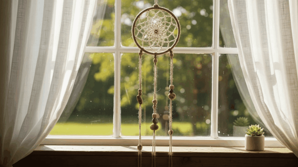 dreamcatcher hanging in window with sunlight and greenery outside view
