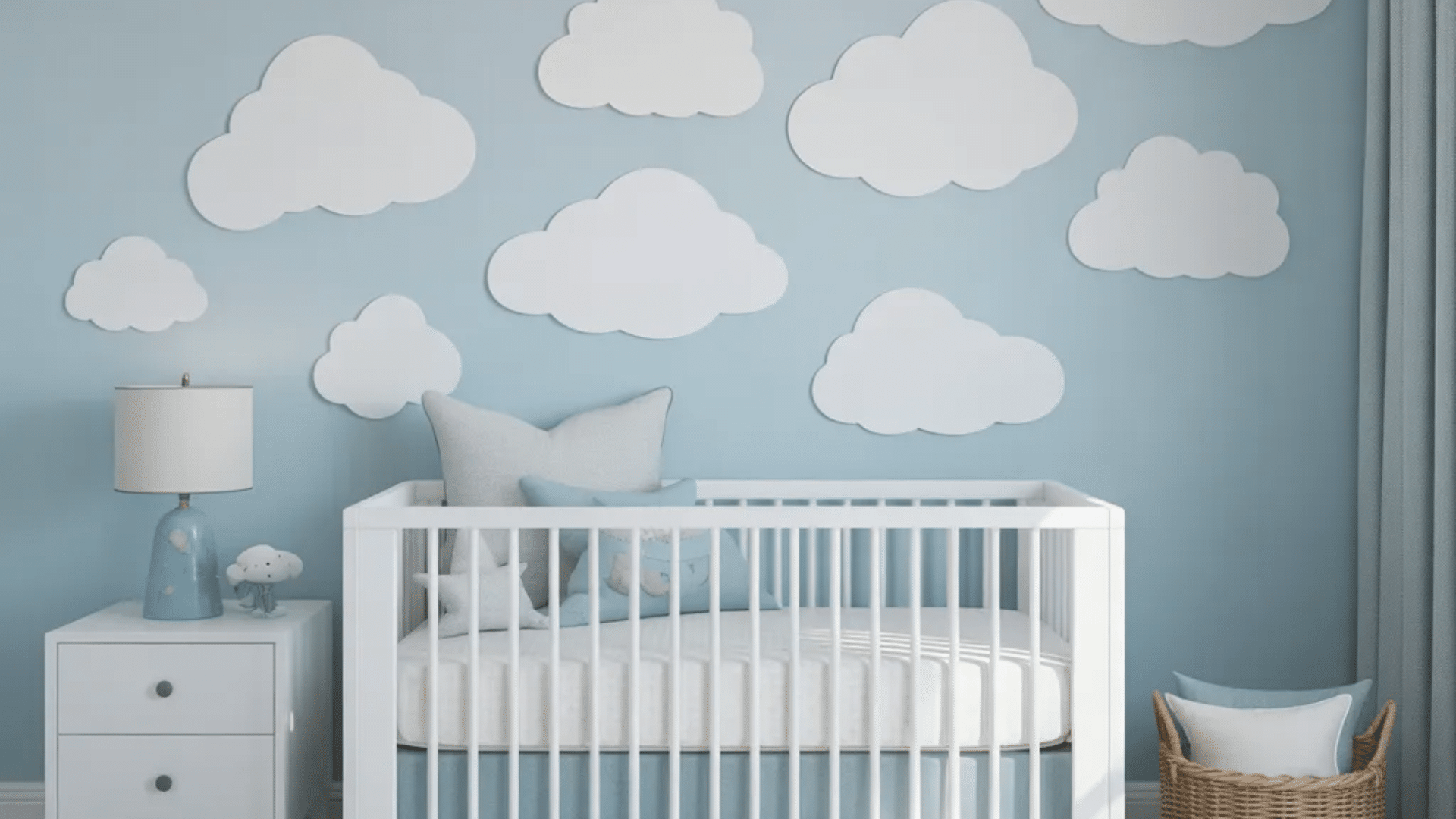 dreamy cloudscape nursery ideas with blue wall white cloud decor cozy crib