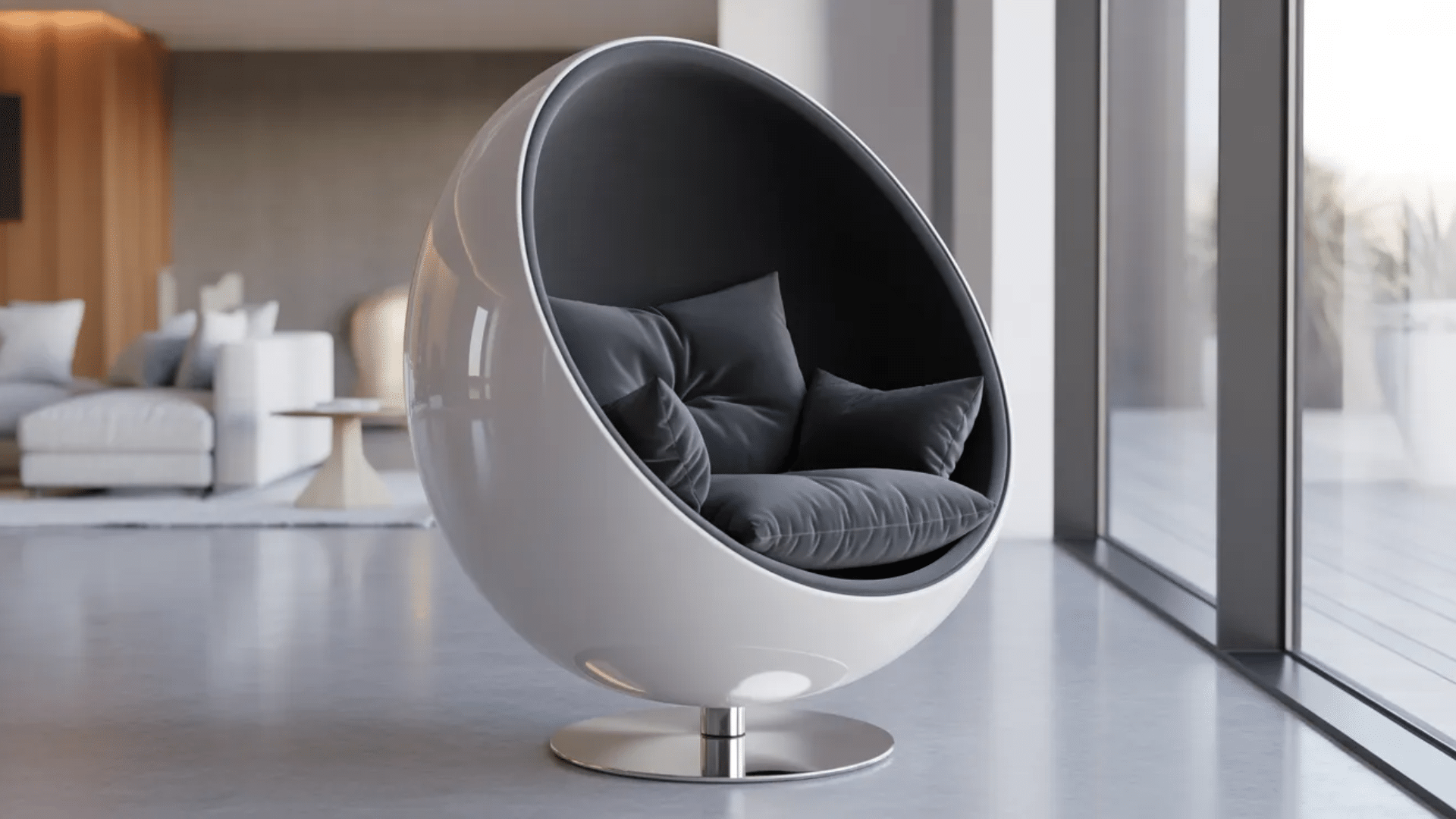 egg chair with curved egg shaped shell and cushioned interior creating modern comfortable enclosed seating