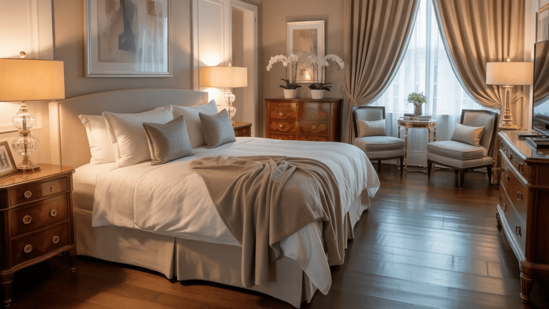 elegant guest bedroom with upholstered bed soft lighting classic furniture and seating area showing luxurious spare bedroom ideas for comfort