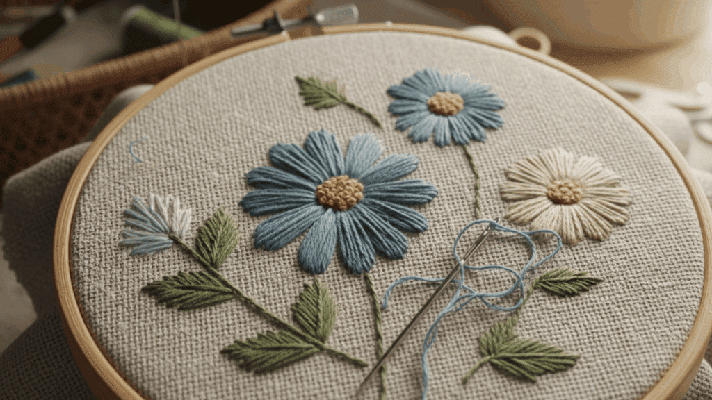 embroidery hoop with floral design needle and thread on fabric surface
