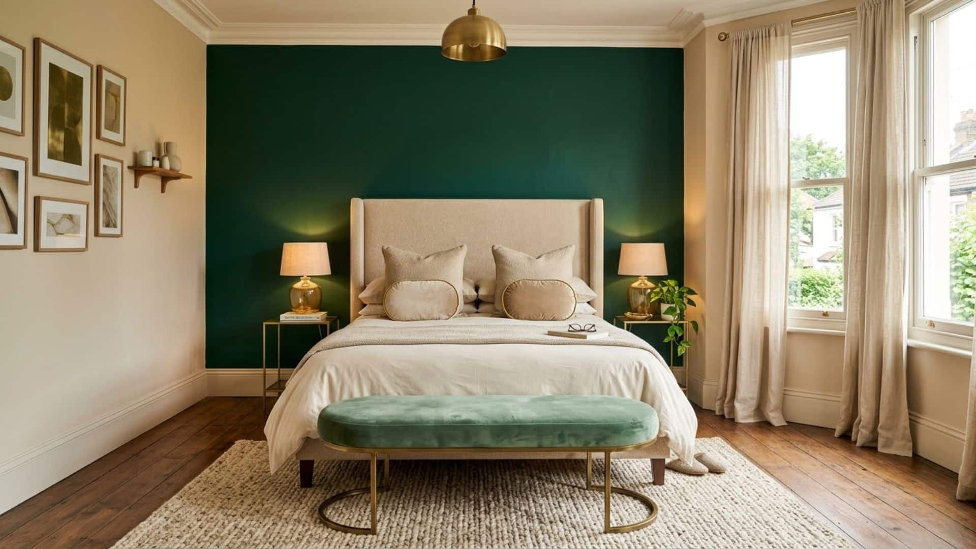 emerald green accent wall bedroom with champagne wall upholstered bed elegant bedroom design