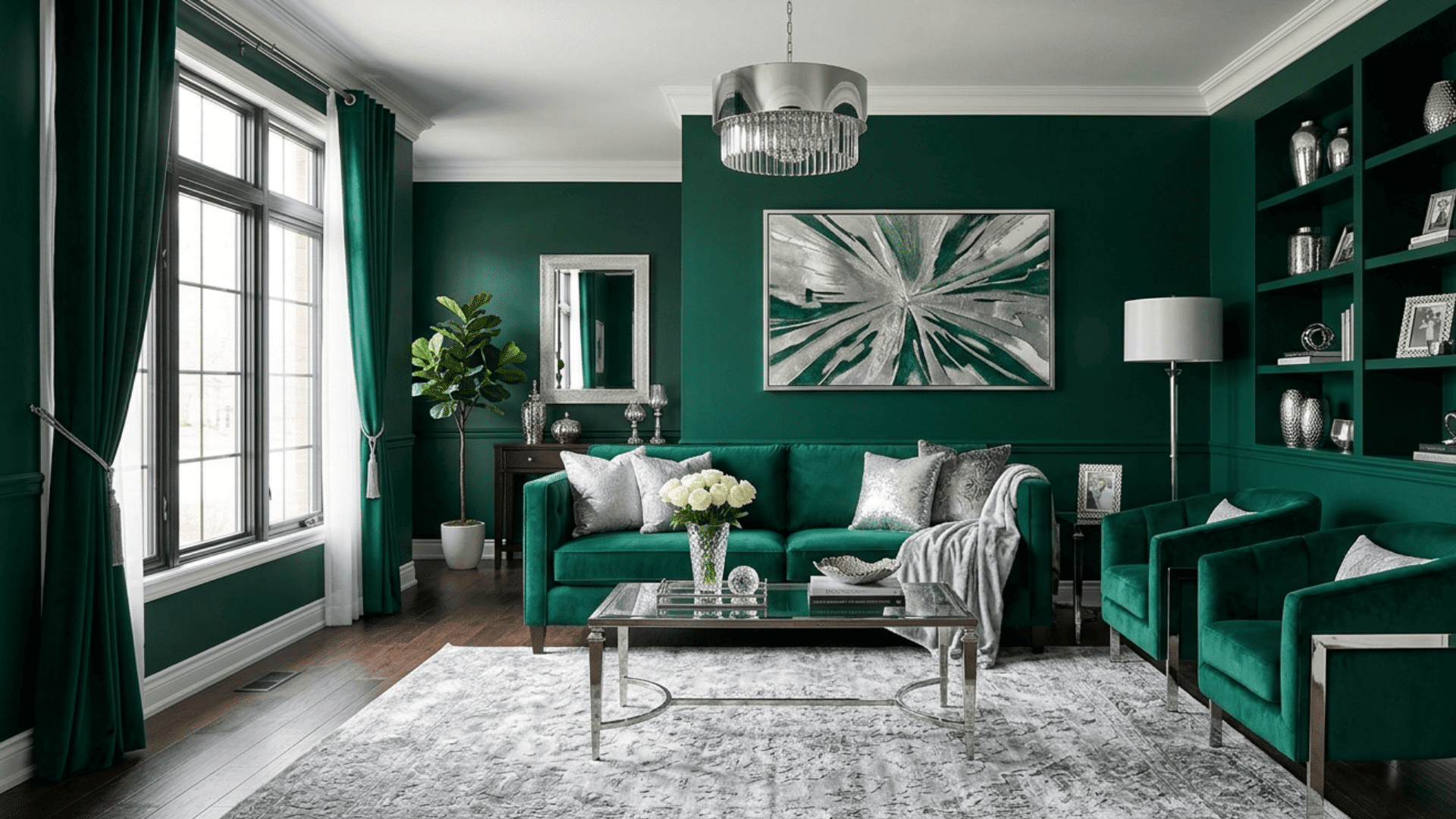 emerald green living room with sofa chairs wall decor shelves and soft lighting creating a modern cozy space