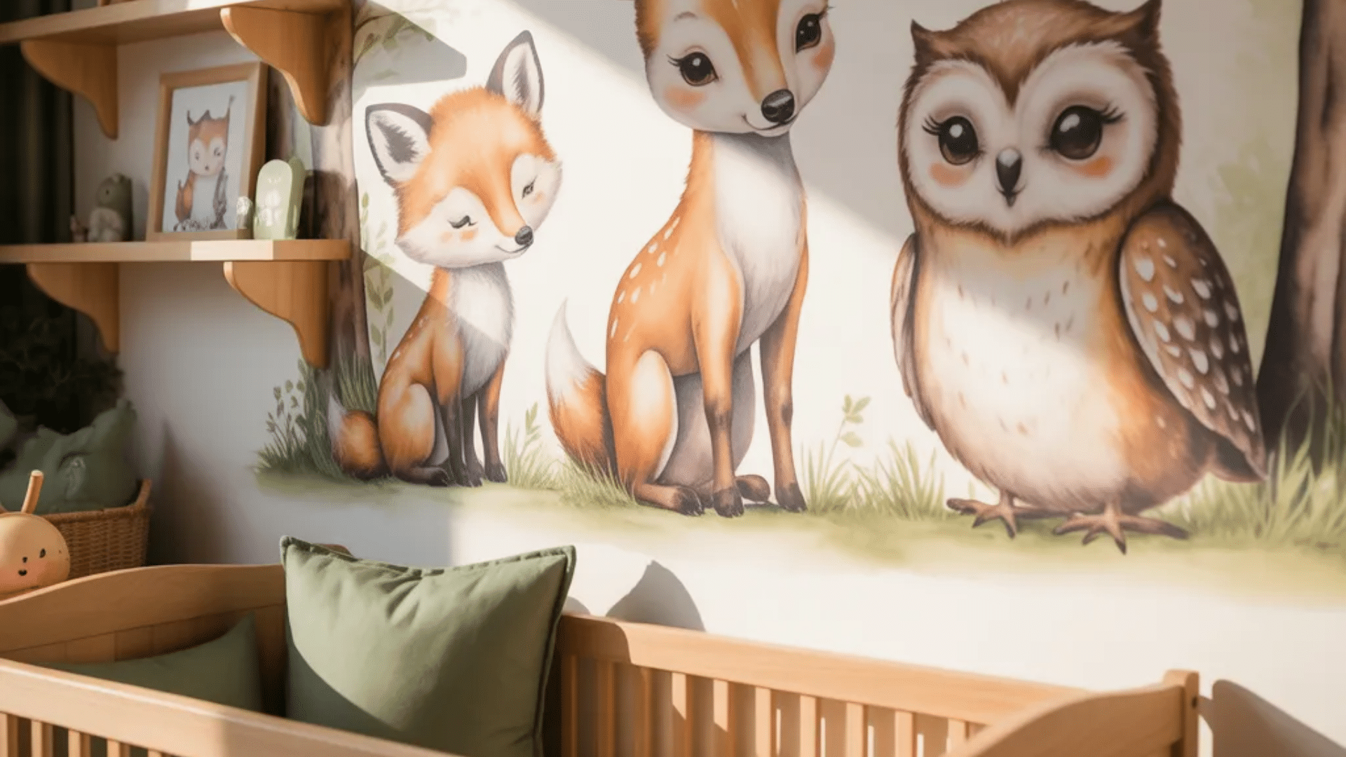 enchanted woodland nursery ideas with deer fox owl mural wooden crib