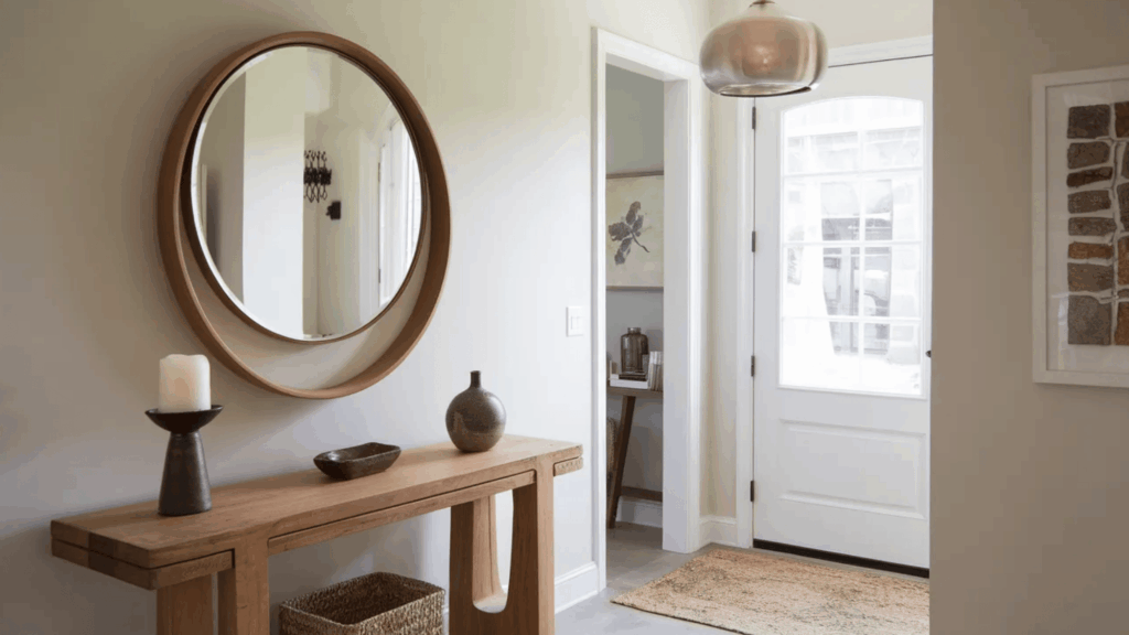 entryway with round mirror wooden console soft decor natural light and welcoming look
