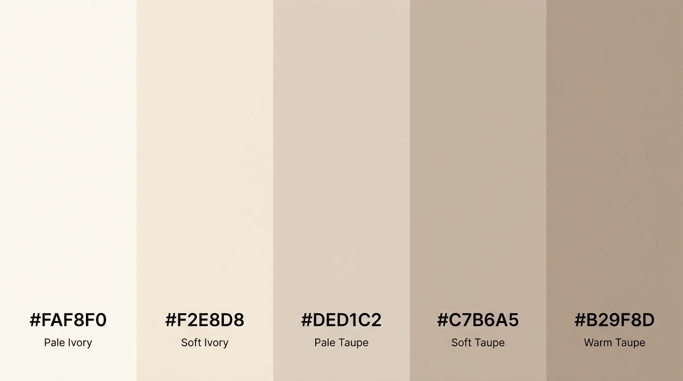 eutral palette of pale ivory soft ivory taupe and warm taupe shades displayed as vertical swatches with hex codes